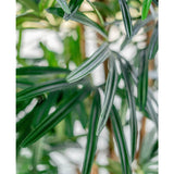 Close-up van lange, slanke groene bladeren met witte strepen van de Lady Kunstpalm 180 cm. De zacht vervaagde achtergrond benadrukt de textuur en kleuren van deze elegante kunstplant.