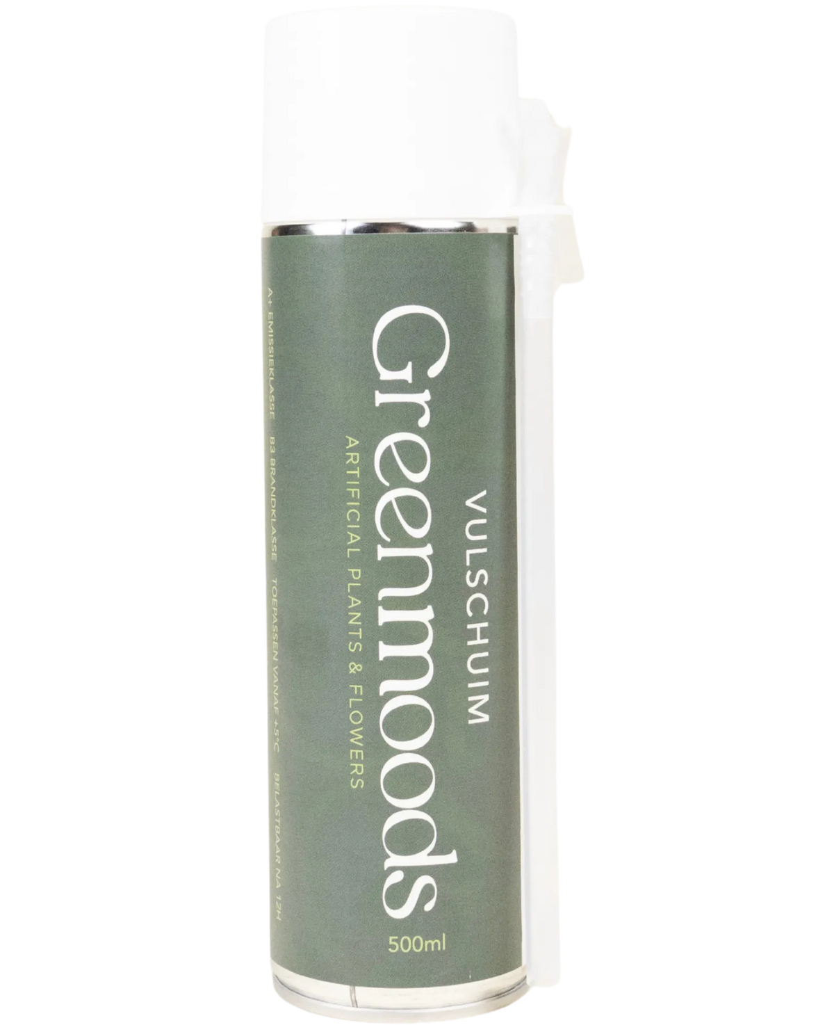 Een bus Vulschuim 500ml - Plantfixatie voor gebruik met kunstplanten en -bloemen. Het blik heeft een groen etiket met witte tekst en een witte dop.