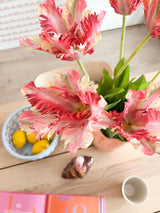 Zijden kunstbloemen boeket Franse Parkiet Tulp rood/geel
