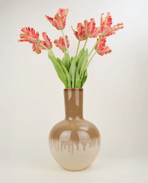 Zijden kunstbloemen boeket Franse Parkiet Tulp rood/geel