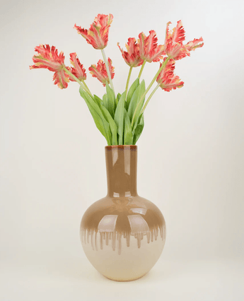 Zijden kunstbloemen boeket Franse Parkiet Tulp rood/geel