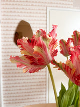 Zijden kunstbloemen boeket Franse Parkiet Tulp rood/geel