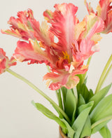Zijden kunstbloemen boeket Franse Parkiet Tulp rood/geel