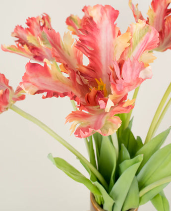 Zijden kunstbloemen boeket Franse Parkiet Tulp rood/geel
