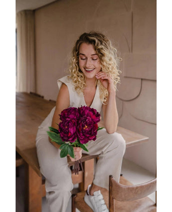 Zijden kunstbloemen boeket Peony Aubergine