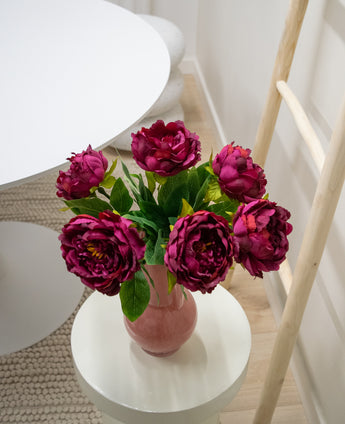 Zijden kunstbloemen boeket Peony Aubergine