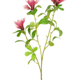 Een enkele Kunstbloem Rododendron Azalea 73 cm fuchsia steel met drie bloeiende roze bloemen en meerdere groene bladeren op een witte achtergrond.