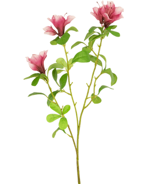 De Kunstbloem Rododendron Azalea 73 cm fuchsia heeft een enkele steel met drie fuchsia bloemen en groene bladeren, geïsoleerd op een witte achtergrond.