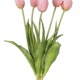 Een Kunsttulpenboeket Real Touch Roze 40 cm heeft vijf roze kunsttulpen met groene bladeren, aan de stelen gebonden met touw, afgebeeld op een witte achtergrond.