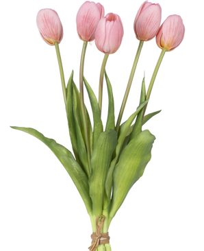 A Kunsttulpenboeket Real Touch Roze 40 cm: een klein boeket van vijf roze kunsttulpen met groene bladeren en stelen, samengebonden met touw op een witte achtergrond.