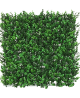 De Kunsthaag Buxus groen 50x50 cm UV is een vierkant paneel met dichte kunstgroene buxusbladeren, waardoor een weelderige haag ontstaat, van bovenaf gezien tegen een witte achtergrond.