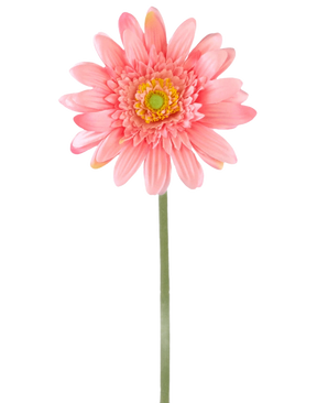 De Kunstbloem Gerbera 55 cm roze is een enkele kunstmatige roze gerbera met een groene steel, geel hart en gelaagde bloemblaadjes, geïsoleerd afgebeeld op een witte achtergrond.