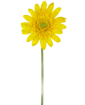 De Kunstbloem Gerbera 53 cm geel is een enkele kunstmatige gele margriet met een groen hart en een lange groene steel, geïsoleerd op een witte achtergrond.