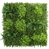 Het Kunsthaag Moss 100x100 cm UV-paneel heeft dicht, gevarieerd groen gebladerte en verschillende clusters van varenachtige bladeren op een witte achtergrond.