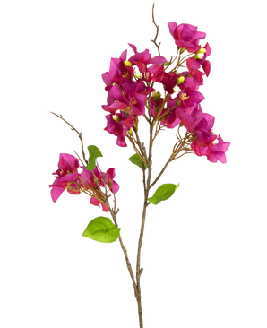Een Kunstbloem Bougainvillea 90 cm paars met levendige paarse bloemen en groene bladeren tegen een witte achtergrond.