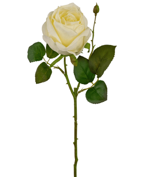 Een enkele Kunstroos Deluxe 45 cm wit, met een lichtwitte roos met groene bladeren en een gesloten knop, gefotografeerd tegen een effen witte achtergrond.