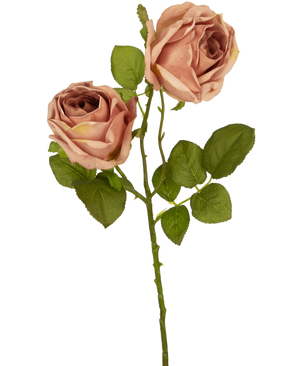 De Kunstroos Deluxe 55 cm roze heeft twee prachtig vormgegeven roze bloemen met groene bladeren aan één staal, perfect als kunstbloemdecoratie tegen een witte achtergrond.