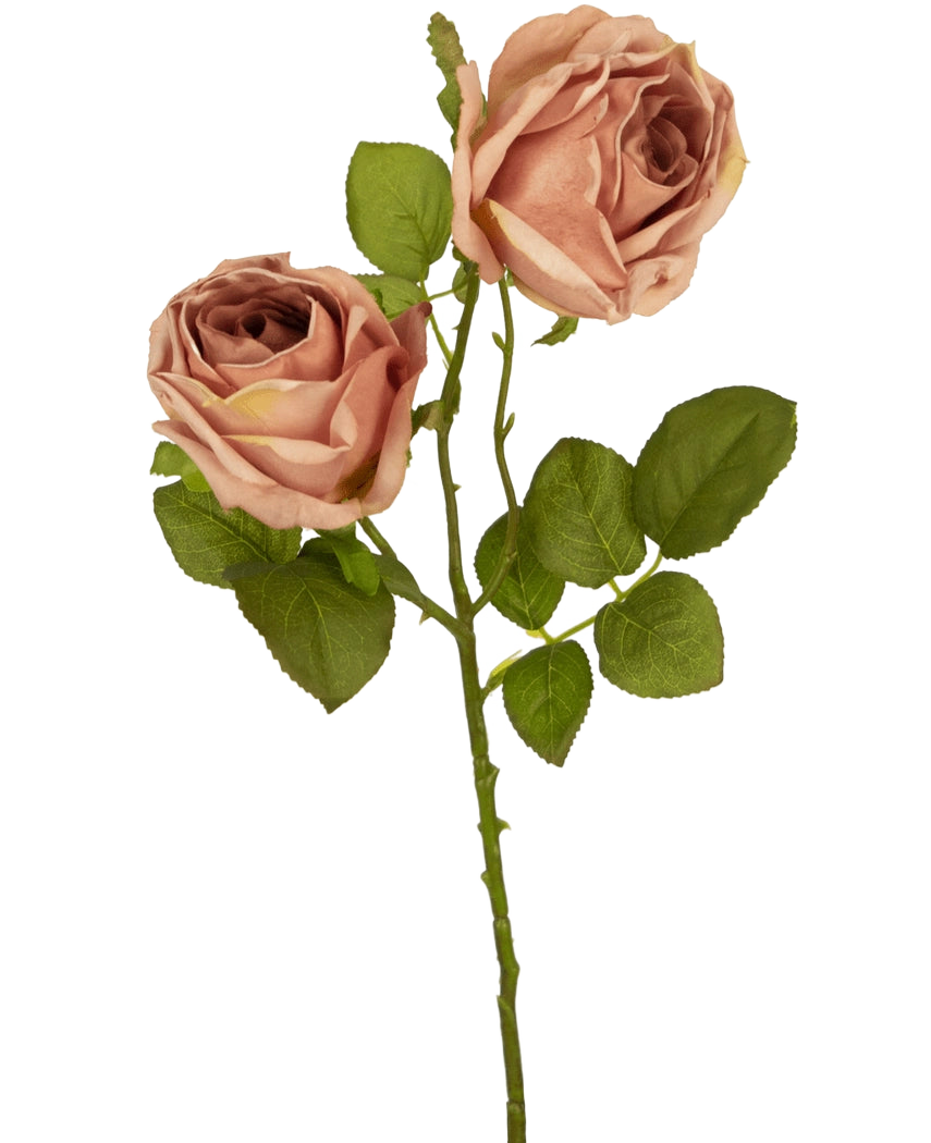 De Kunstroos Deluxe 55 cm roze heeft twee rozebruine kunstrozen met groene bladeren op een enkele steel, die een opvallend contrast vormen tegen een effen witte achtergrond.