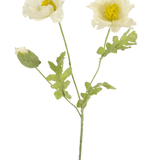 De Kunstbloem Klaproos 73 cm wit is een kunstbloemensteel met twee open witte klaprozenbloemen, een gesloten knop, gestructureerde bloemblaadjes en groene bladeren tegen een effen witte achtergrond.