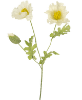Een enkele Kunstbloem klaproos van 73 cm groot heeft twee open lichtgele bloemen, een gesloten knop en gekartelde groene bladeren op een groene stengel, geïsoleerd op een witte achtergrond.