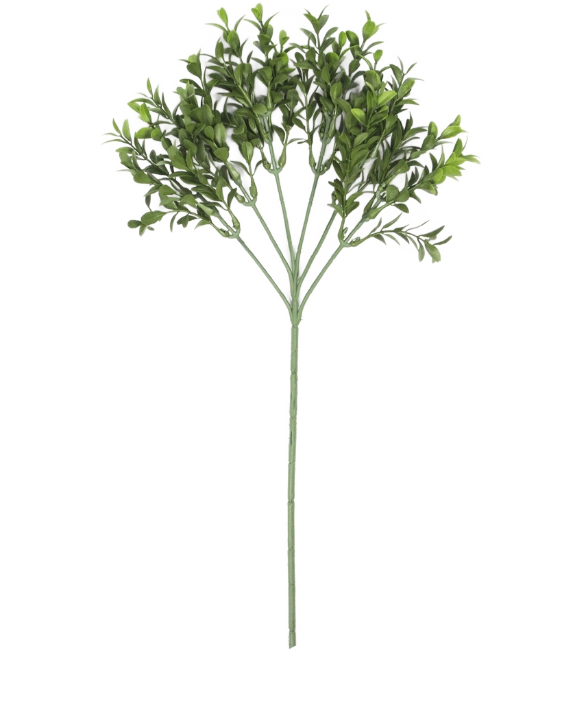 Een enkele Kunsttak Buxus 47 cm UV brandvertragend met meerdere takken van kleine, ovale bladeren wordt getoond tegen een effen witte achtergrond.