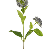 Een enkele Kunstbloem Sneeuwbal/Viburnum 70 cm paars met een groene stengel, brede bladeren en twee trossen kleine paarse bloesems, geïsoleerd op een witte achtergrond.