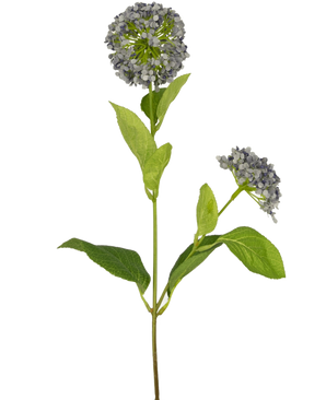 De Kunstbloem Sneeuwbal/Viburnum 70 cm paars heeft een enkele stengel met twee trossen kleine, lichtpaarse bloemen en enkele groene bladeren tegen een witte achtergrond.