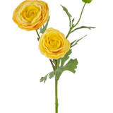 De Kunstroos "Emine" Real Touch Geel 62cm heeft een enkele steel met twee bloeiende gele bloemen en een gesloten knop, geaccentueerd met groene bladeren, tegen een witte achtergrond.