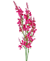 Drie groene stelen van Kunstbloem Kattenkruid 75 cm roze met felroze, vijfbladerige bloesems en knoppen plus bossige groene bladeren, geïsoleerd op een witte achtergrond.