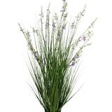 De Kunstgras gierst-uiengrasbonsai 120cm brandvertragend heeft hoge, dunne groene grasachtige bladeren en lange stelen met delicate paarse bloemen in een zwarte pot, tegen een witte achtergrond.