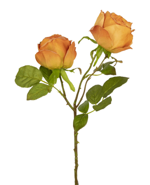 Twee perzik Kunstroos Deluxe kunstrozen met groene bladeren delen een enkele steel, tegen een witte achtergrond.