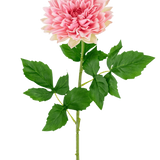 De Kunst Georgine Real Touch Roze 70cm heeft een enkele roze dahlia met gelaagde bloemblaadjes, een lange groene steel en verschillende bladeren, tegen een effen witte achtergrond.