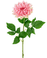 De Kunst Georgine Real Touch Roze 70cm heeft een enkele roze dahlia bloem met gelaagde bloemblaadjes op een 70cm groene steel met grote gekartelde bladeren, tegen een witte achtergrond.