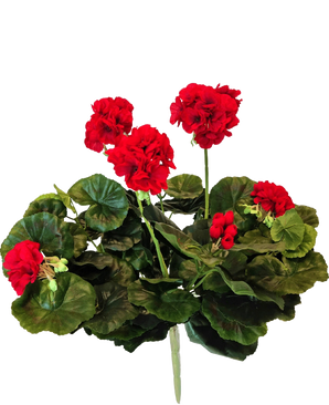 De Kunst Geranium 40 cm heeft levendige rode bloemen en weelderige groene bladeren, die een opvallende verschijning vormen tegen een witte achtergrond - perfect om tijdloze schoonheid toe te voegen aan elke ruimte met deze prachtige kunstplant.