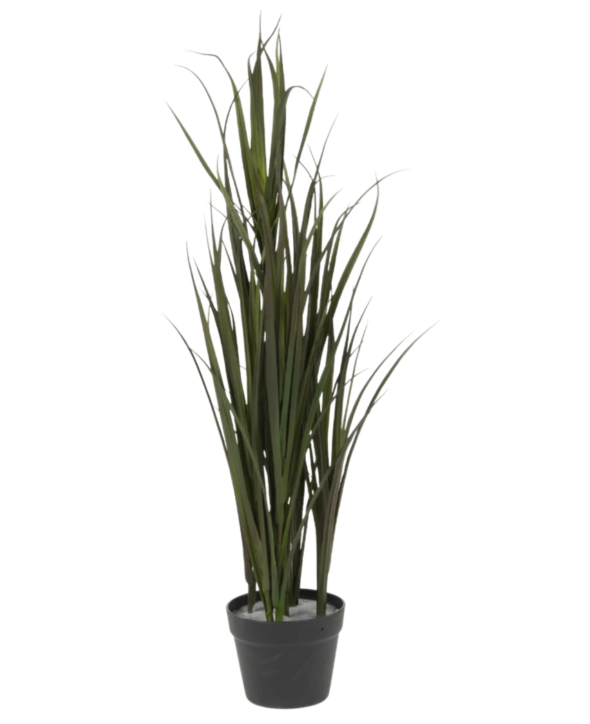 De Kunstgras Bordeaux UV 90cm is een hoog, groen siergras met lange, slanke bladeren in een zwarte plastic pot, tegen een effen witte achtergrond.