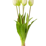 Het Kunsttulpenboeket Real Touch Groen/wit 40cm heeft vijf levensechte witte tulpen met groene stengels en bladeren, samengebonden met touw, tegen een eenvoudige witte achtergrond.