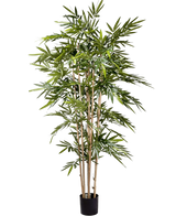 De Kunstplant Bamboe 180 cm heeft slanke lichtbruine stengels en overvloedige lange groene bladeren in een kleine zwarte pot, tegen een effen witte achtergrond.