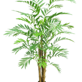 De Kunstplant Hawaii Parlour 180 cm is een hoge kamerpalm in pot met meerdere slanke bruine stammen en lange, gebogen groene bladeren, tegen een effen witte achtergrond.