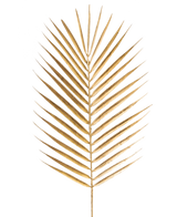 Het Kunsttak Varen 64 cm goud is een enkel, goudgeschilderd palmblad tegen een effen witte achtergrond.