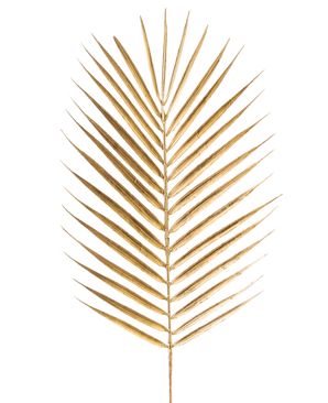 Het Kunsttak Varen 64 cm goud is een enkel, goudgeschilderd palmblad tegen een effen witte achtergrond.