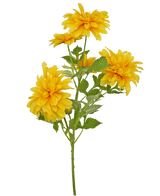 Een enkele kunstmatige oranje Dahlia (Kunstbloem Dahlia 60 cm) met groene bladeren op een witte achtergrond.
