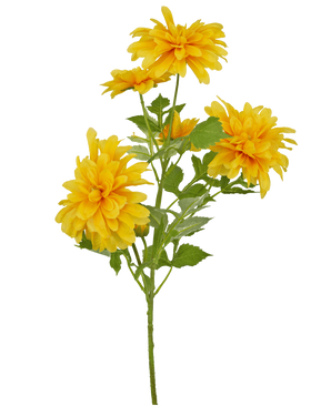 Een enkele kunstmatige oranje Dahlia (Kunstbloem Dahlia 60 cm) met groene bladeren op een witte achtergrond.