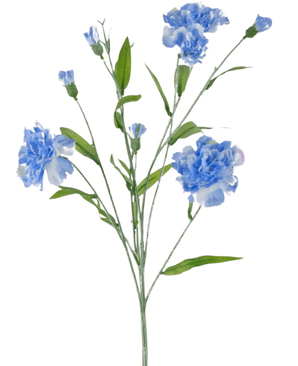 De Kunstbloem Anjer tros 70 cm blauw heeft verschillende delicate lichtblauwe anjerbloemen met groene blaadjes op dunne stelen, tegen een witte achtergrond.