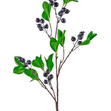 De Kunsttak Berry 76 cm paars heeft een tak met heldergroene bladeren en trossen kleine, ronde, donkerpaarse bessen tegen een effen witte achtergrond.