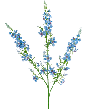 De Kunstbloem Catnip 75 cm blauw heeft drie hoofdtakken met clusters van kleine blauwe bloesems en groene stelen, geïsoleerd op een witte achtergrond.