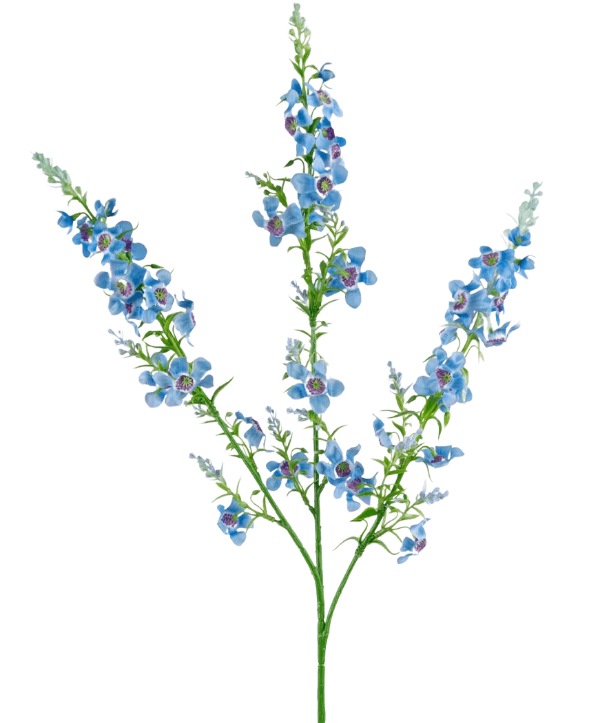 De Kunstbloem Catnip 75 cm blauw heeft een enkele groene stengel die zich in drieën vertakt, elk met trosjes kleine, levendige blauwe bloemen met een paars hart en groene bladeren, tegen een effen witte achtergrond.