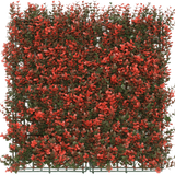 De Kunsthaag Buxus rood 50x50 cm UV is een vierkant kunstgroen paneel met dichte kleine groene bladeren en rode bloemtrossen, ideaal voor decoratie of privacy.