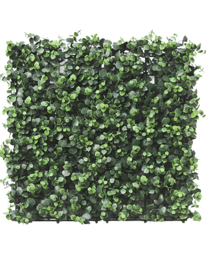 De Kunsthaag Eucalyptus 50x50 cm UV is een vierkant paneel met dichte, kleine, ronde kunstmatige eucalyptusbladeren, dicht opeengepakt voor een levendige en natuurlijke look, perfect voor het creëren van weelderige verticale tuinen of decoratieve muren binnen of buiten.