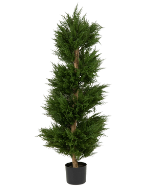 De Kunstplant Conifeer UV 120cm is een hoge kunstconifeer in pot met dicht, donkergroen gebladerte en een rechte centrale stam, afgebeeld tegen een effen witte achtergrond.