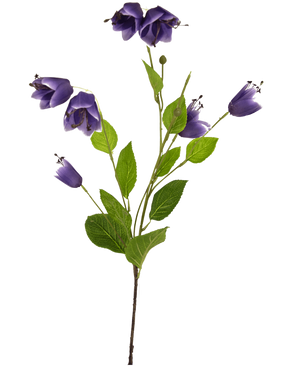 De Kunstbloem Fritillary 81 cm paars heeft een enkele steel met meerdere paarse klokvormige bloemen en groene bladeren, geïsoleerd op een witte achtergrond.